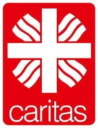 Logo der Caritas bestehend aus einer roten Fläche mit abgerundeten Ecken, dem &quot;Flammenkreuz&quot; und dem Schriftzug &quot;caritas&quot;