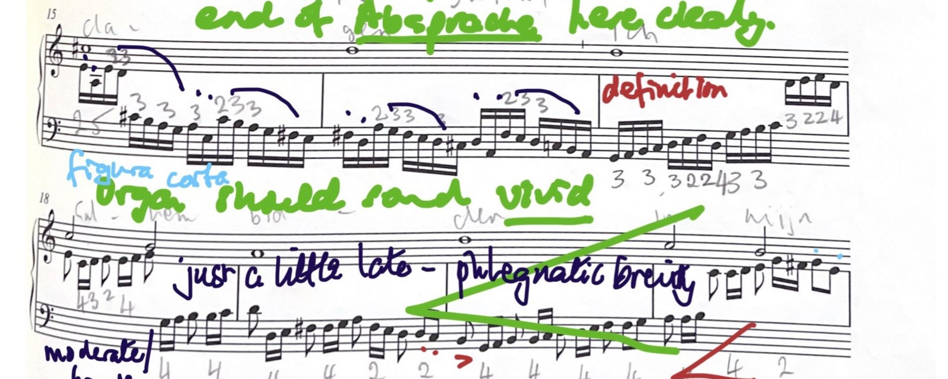 Notenblatt mit zahlreichen handschriftlichen bunten Notizen 