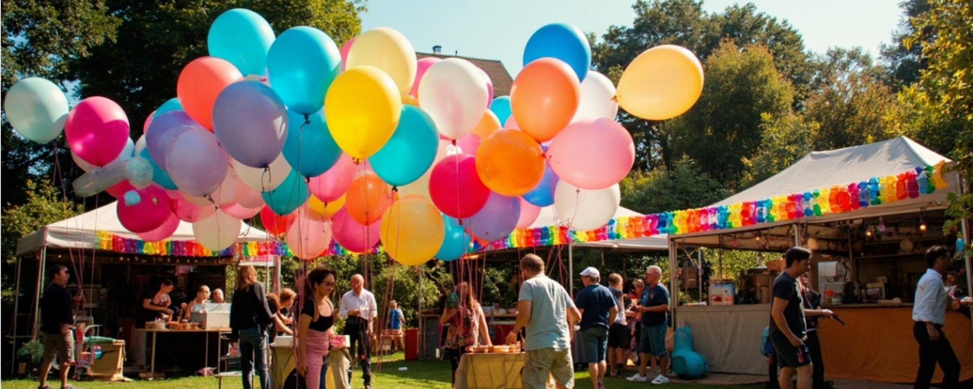 Sommerfest in einem Garten am Tag mit vielen Luftballons in verschiedenen Farben, bunten Girlanden Essen und fünf Ständen und einigen Menschen.