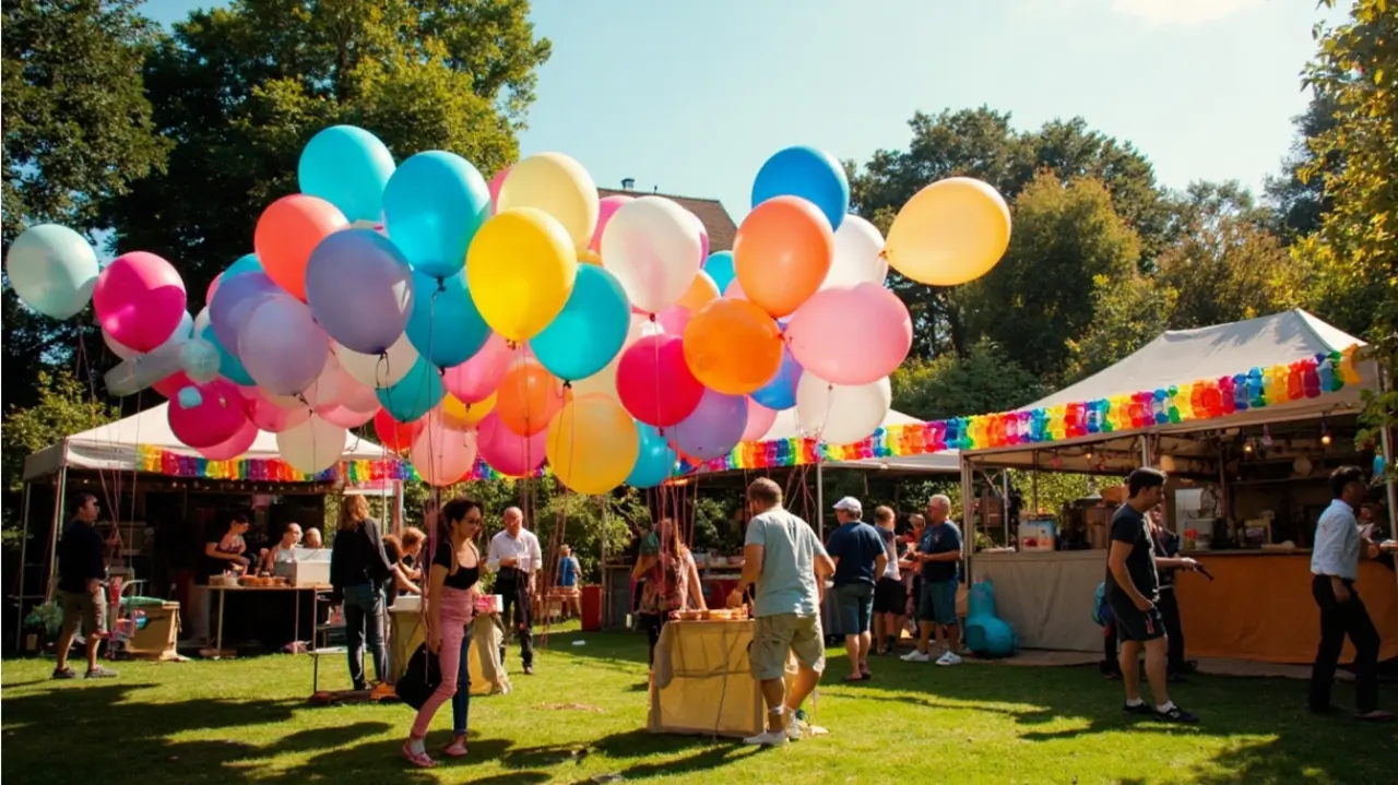 Sommerfest in einem Garten am Tag mit vielen Luftballons in verschiedenen Farben, bunten Girlanden Essen und fünf Ständen und einigen Menschen.
