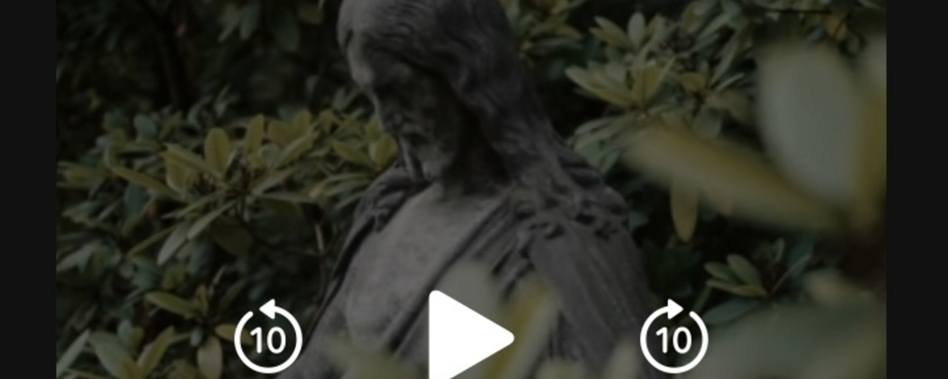 Startbild eines Instagram-Reels, Kopf einer Christusstatue aus Bronze zwischen Bäumen. Blätter im Vordergrund.