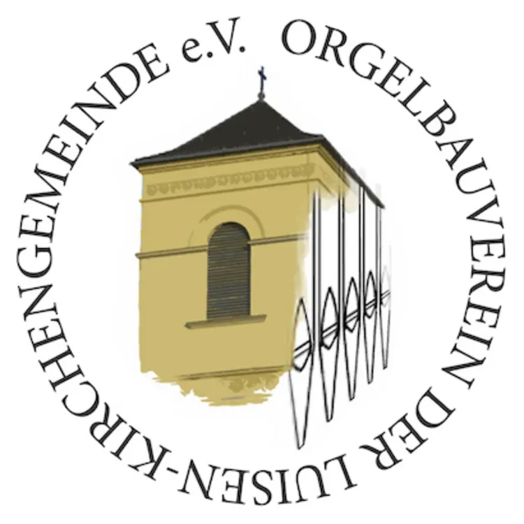 rundes Logo des Orgelbauvereins: gezeichneter Turm der Luisenkirche, auf der rechten Seite aus Orgelpfeifen entstehend. Darum rund der Schriftzug &quot;Orgelbauverein der Luisen-Kirchengemeinde e.V.&quot;