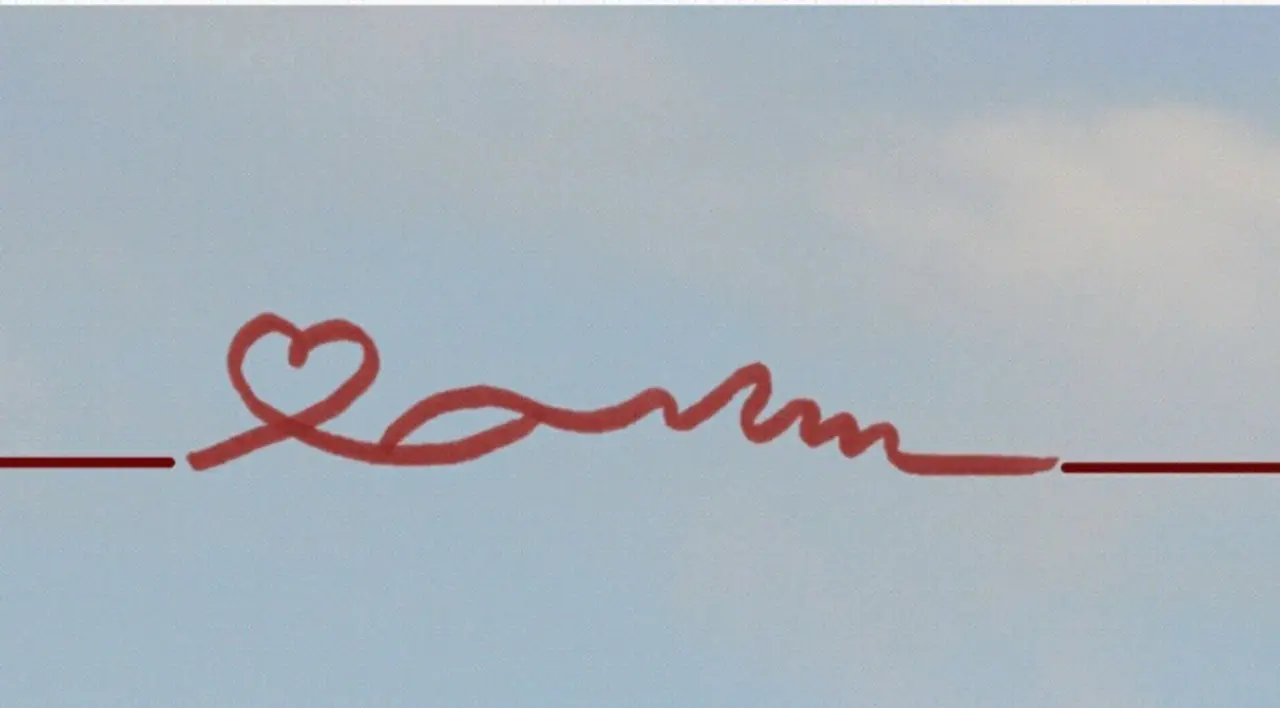 rote, geschwungene Linie, aus der sich ein Herz ergibt, vor Himmel