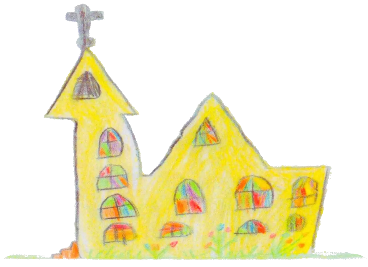 von Kindern mit Buntstiften gemaltes Bild der Luisenkirche: gelbe Kirche, viele bunte Fenster und ein Kreuz auf dem Kirchturm